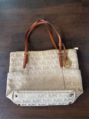 Michael Kors Beige Monogram Tote with Brown Leather Handles